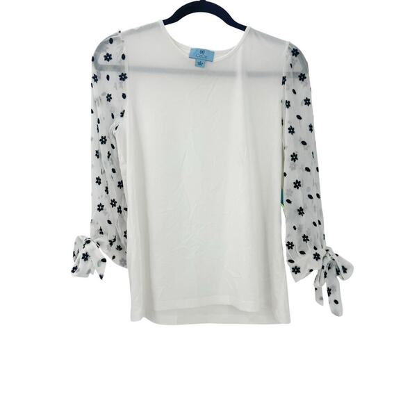 Cece Floral Embroidered Puff Sleeve Knit Top Soft Ecru White Size Small NWT - Picture 6 of 12